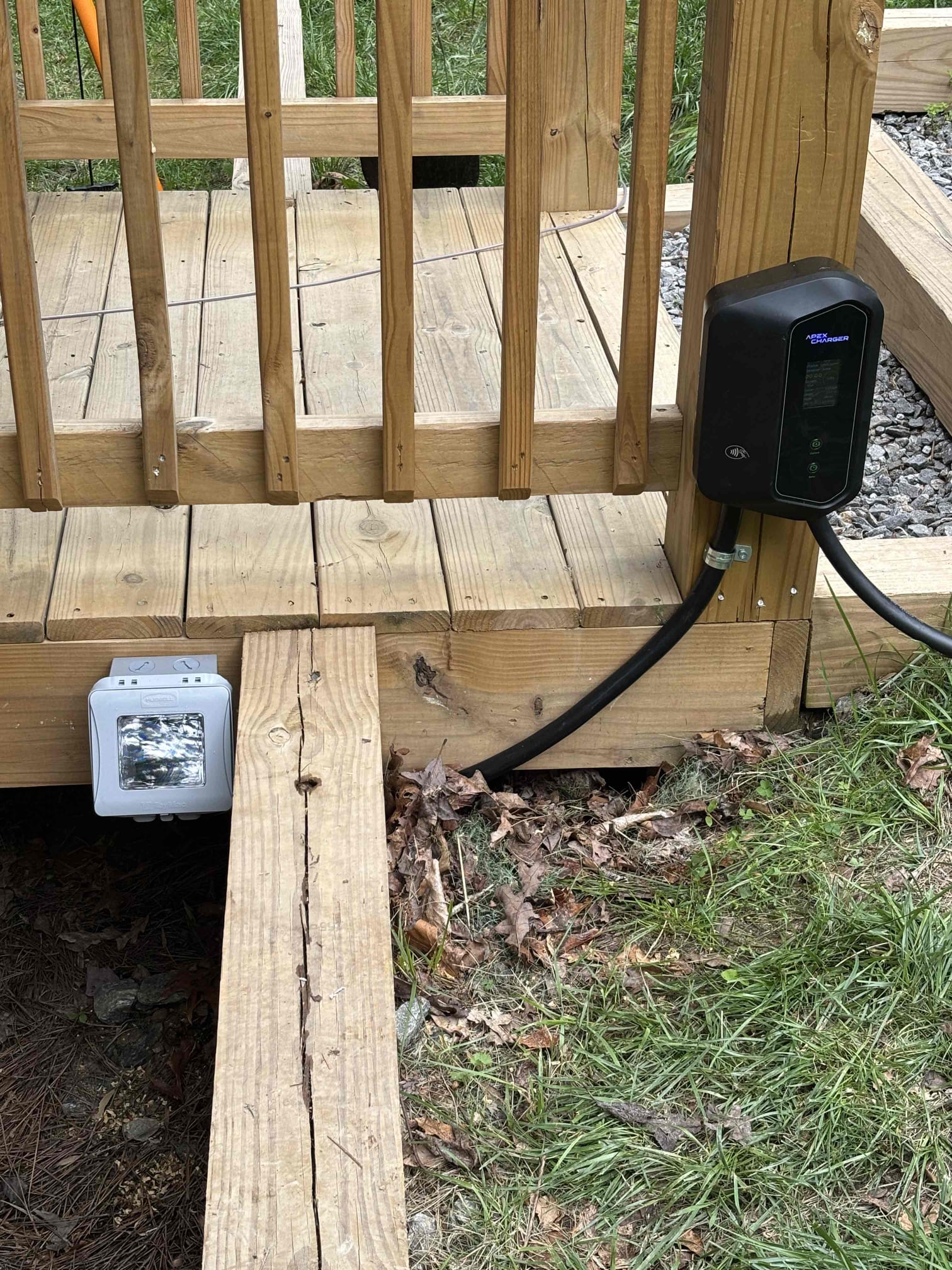 Level 2 EV Charger Installation on Deck in Maggie Valley, NC completed by Touchstone Electric