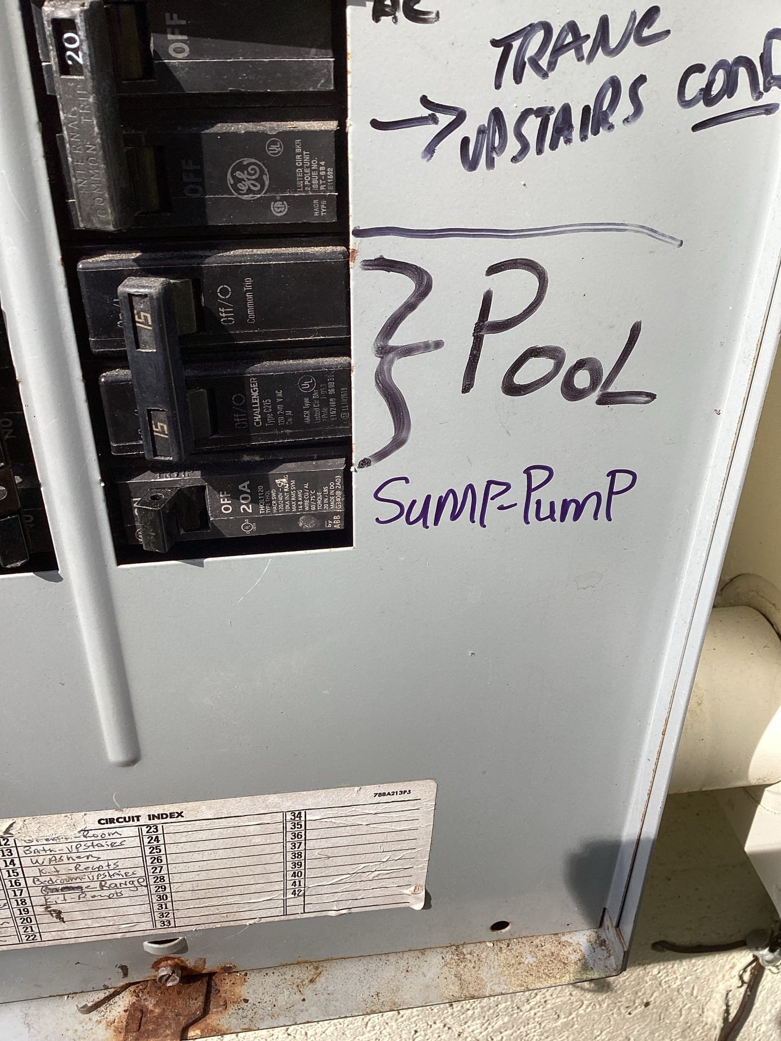 Labeled circuit breaker panel showing a new sump pump circuit in Wake Forest
