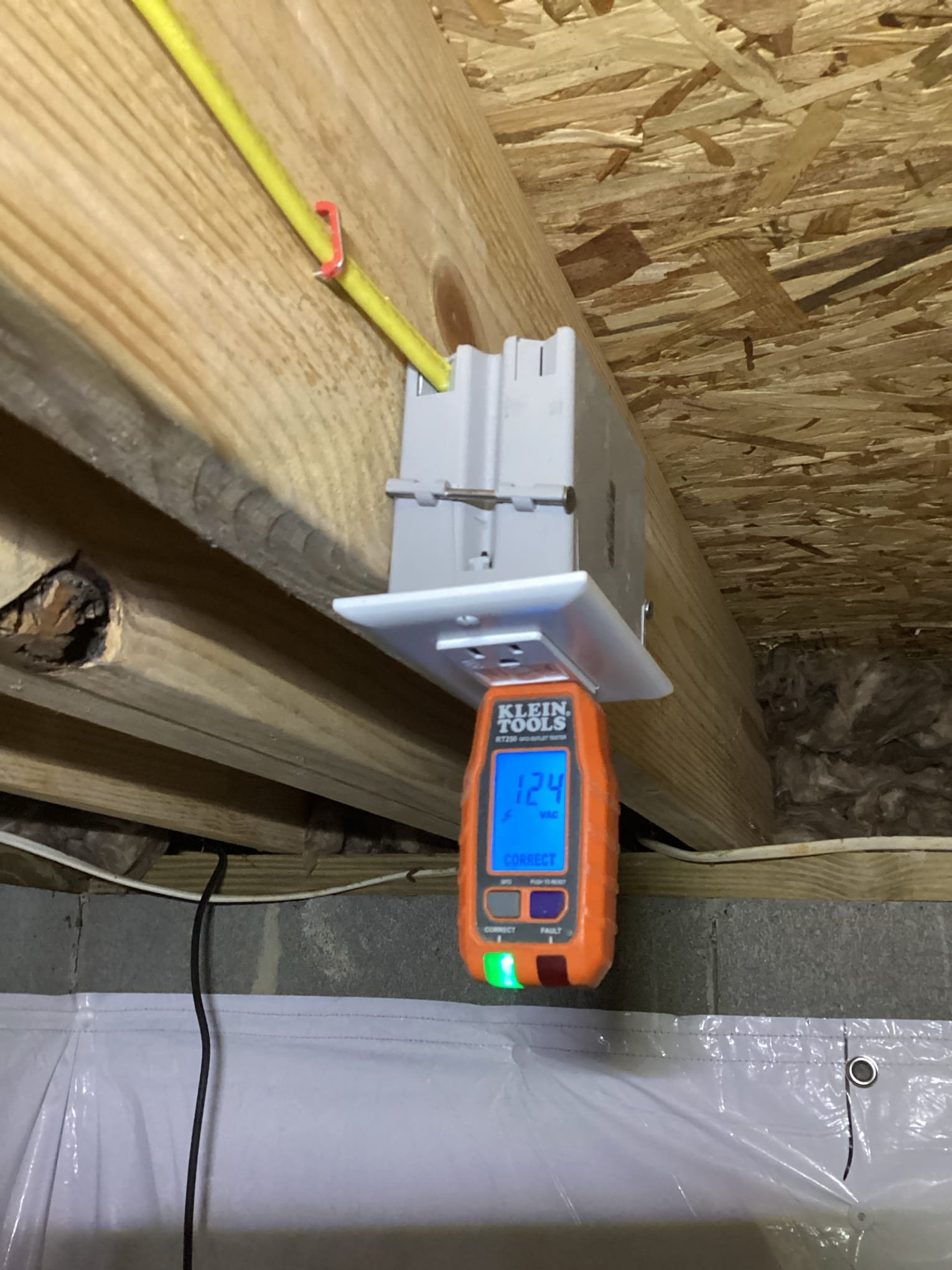 New electrical outlet and wiring installed in a Wake Forest crawl space for sump pump power